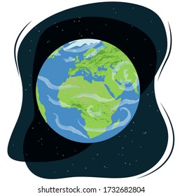 Vector illustration of planet Earth on dark blue space background 
with stars. Flat globe icon.