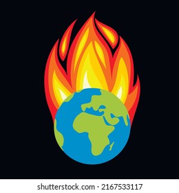 Vector illustration Planet earth is on fire, the globe is a flame of fire on a black background