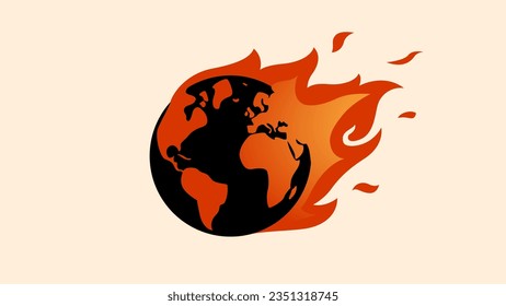 Vektorgrafik des Planeten Erde in Brand. Eine einfache Concept-Illustration, die riesige Flächenbrände, Rekordtemperaturen und Erderwärmung darstellt. Klimaschutz-Symbol, abnorme Temperaturen.