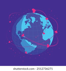 Vector illustration of planet Earth on a blue background, surrounded by flying hearts like satellites. This design symbolizes the love and unity that embraces our world, creating an atmosphere of care