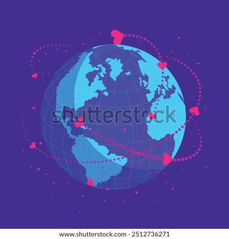 Vector illustration of planet Earth on a blue background, surrounded by flying hearts like satellites. This design symbolizes the love and unity that embraces our world, creating an atmosphere of care