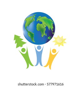 Vector illustration of planet Earth and people who keep tree, Sun and planet on white background.