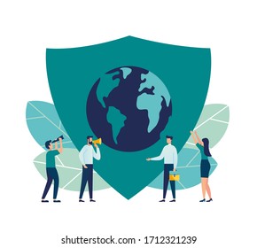 Vector illustration, planet earth protected, people save the planet