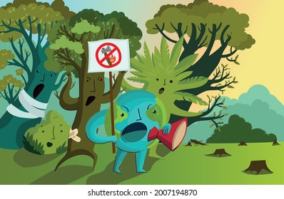 Vector illustration of planet Earth with a protest poster surrounded by indignant trees. Protest against deforestation, massive fires, destruction of the environment. 