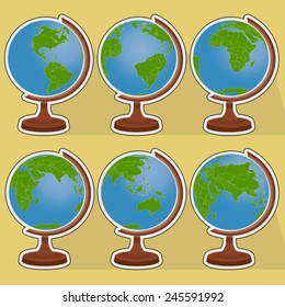 Vector illustration of planet earth in six globes 