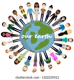 Vector illustration of a planet Earth with standing people holding hands. Our planet. Friendship.