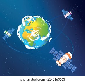 Vector illustration. The planet Earth is surrounded by a network of satellites on a dark blue background.