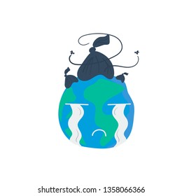 vector illustration planet earth trash cry environment go green zero waste pollution land in flat cartoon style design isolated
