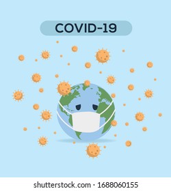Vector Illustration. Planet Earth wearing a protective mask to protect against pandemic. Covid-19 outbreak concept. World medical concept.