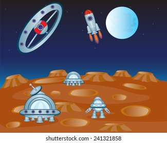 Vector illustration of the planet and flying, machines