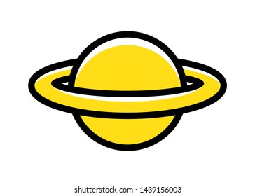 Vector illustration of a planet with a gaseous ring similar to Saturn, yellow color, in a graphic style very simple, to use like a logo, design element or similar thing. Cartoon style.