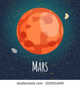 Vector illustration planet Mars in flat cartoon style. Poster for children room, education. ?ard composition of the planets, stars, comets, constellations, space ship