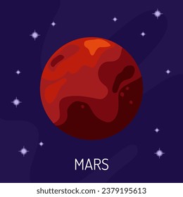 Vector illustration of the planet Mars in space. A planet on a dark background with stars.