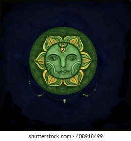 Vector illustration of planet Mercury with face isolated in space. Colors are green yellow, deep violet. Can be used for east astrology and jyotish.