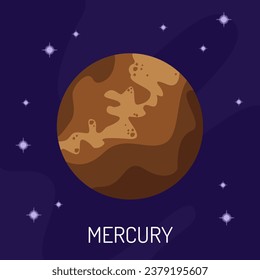 Vector illustration of the planet Mercury in space. A planet on a dark background with stars.