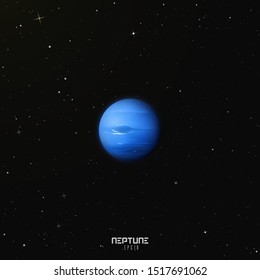 Vector illustration with planet Neptune in outer space. Space background with eighth planet of solar system. Realistic blue sphere in galaxy. Celestial object for planetarium or astronomy calendar