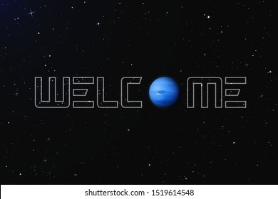 Vector illustration with planet Neptune in outer space. Space background with eighth planet of solar system. Realistic blue sphere in galaxy. Celestial object for website or astronomy calendar