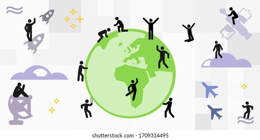 vector illustration of planet and people action around the globe and in the space around earth