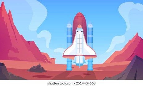 Vector illustration of a planet with a rocket standing on a rocky surface. Explore the red landscape with mountains under th sky, perfect for a fantastic game