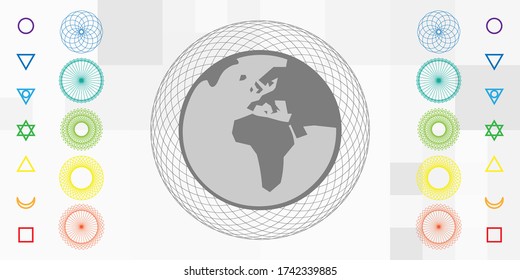 vector illustration of planet with rotating chakra symbols and energy grid 