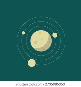 Vector illustration of a planet with satellites orbiting it in a light yellowish green minimalist flat style, with a dark green background. Clean and modern design, suitable for various creative needs.