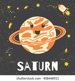 Vector illustration planet Saturn in retro flat cartoon style. Poster for children room, education. Saturn card composition of the planets, stars, comets, constellations, space ship
