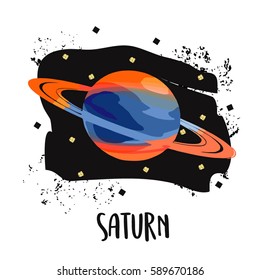 Vector illustration planet Saturn in retro flat cartoon style. 