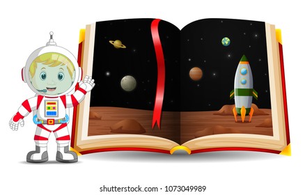 vector illustration of planet scenery in the book and kid wearing a costume astronaut