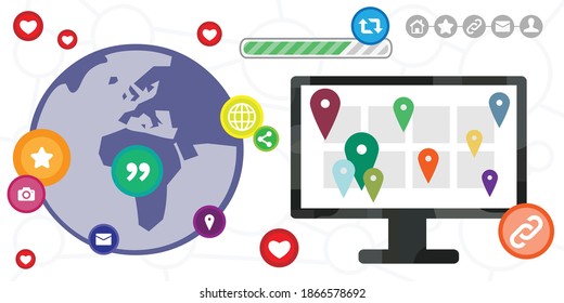 vector illustration of planet and screen with social media and geographical targets