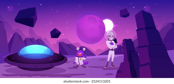 Ilustração vetorial de um planeta com uma nave espacial e alienígenas em pé em uma superfície rochosa. Paisagem fanática com rochas e montanhas sob um céu roxo.