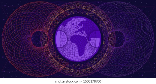 vector illustration of planet and spherical bright lines for planetary energy visual and magnetic electric fields around Earth concept