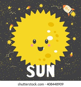 Vector illustration planet Sun in retro flat cartoon style. Poster for children room, education. Sun card composition of the planets, stars, comets, constellations, space ship