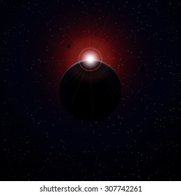 vector illustration of planet and sun, sunrise in space, space design, universe concept
