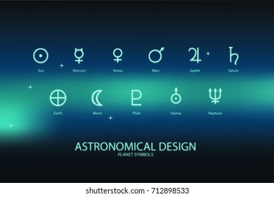 Vector illustration planet symbols with names. Zodiac and astrology symbols of planets