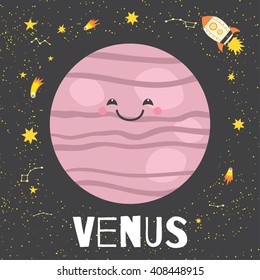 Vector illustration planet Venus in retro flat cartoon style. Poster for children room, education. Venus card composition of the planets, stars, comets, constellations, space ship