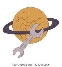 Vector illustration of a planet with a wrench symbolizing technical support, problem solving, repair, maintenance, and space technology concept.