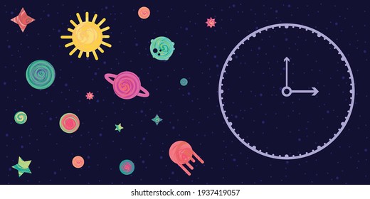 vector illustration of planets and clock for cosmic time measurement and lunar phases counting