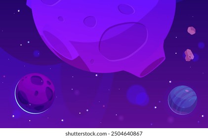 Vector illustration of planets with craters, asteroids, moons, meteorites on a background of stars. The space scene is perfect for cartoon-style gameplay