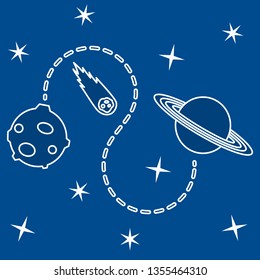 Vector illustration with planets, meteorite, stars. Space exploration. Astronomy. Science background. Design for astronomy apps, websites, print.