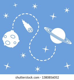 Vector illustration with planets, meteorite, stars. Space exploration. Astronomy. Science background. Design for astronomy apps, websites, print.