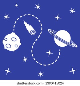 Vector illustration with planets, meteorite, stars. Space exploration. Astronomy. Science background. Design for astronomy apps, websites, print.
