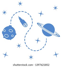 Vector illustration with planets, meteorite, stars. Space exploration. Astronomy. Science background. Design for astronomy apps, websites, print.