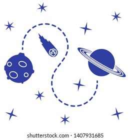 Vector illustration with planets, meteorite, stars. Space exploration. Astronomy. Science background. Design for astronomy apps, websites, print.