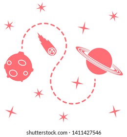 Vector illustration with planets, meteorite, stars. Space exploration. Astronomy. Science background. Design for astronomy apps, websites, print.