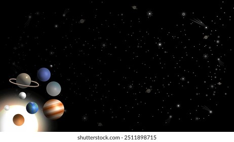 Vector illustration of planets in our solar system with a starry background. Perfect for educational, astronomical, and space-themed projects.