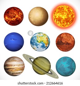 Vector Illustration Planets Solar System And Sun Isolated On White Background