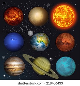 Vector illustration planets Solar system and sun on stars background