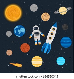 Vector illustration. Planets of the solar system, an astronaut with a rocket on the background of stars in space. Comet and an asteroid. Design for textiles, children's educational poster, banner.