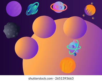 Ilustração vetorial de planetas no espaço com estrelas e cometas em fundo violeta.