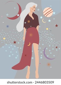 Vector illustration of the planet's star, zodiac signs. Horoscope and zodiacs. The girl in the stars. Virgo Aquarius Capricorn. Constellation. Blonde hair.